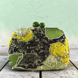 Sequin Floral Clutch Green Beaded Kiss Lock Convertible Chain Shoulder Bag